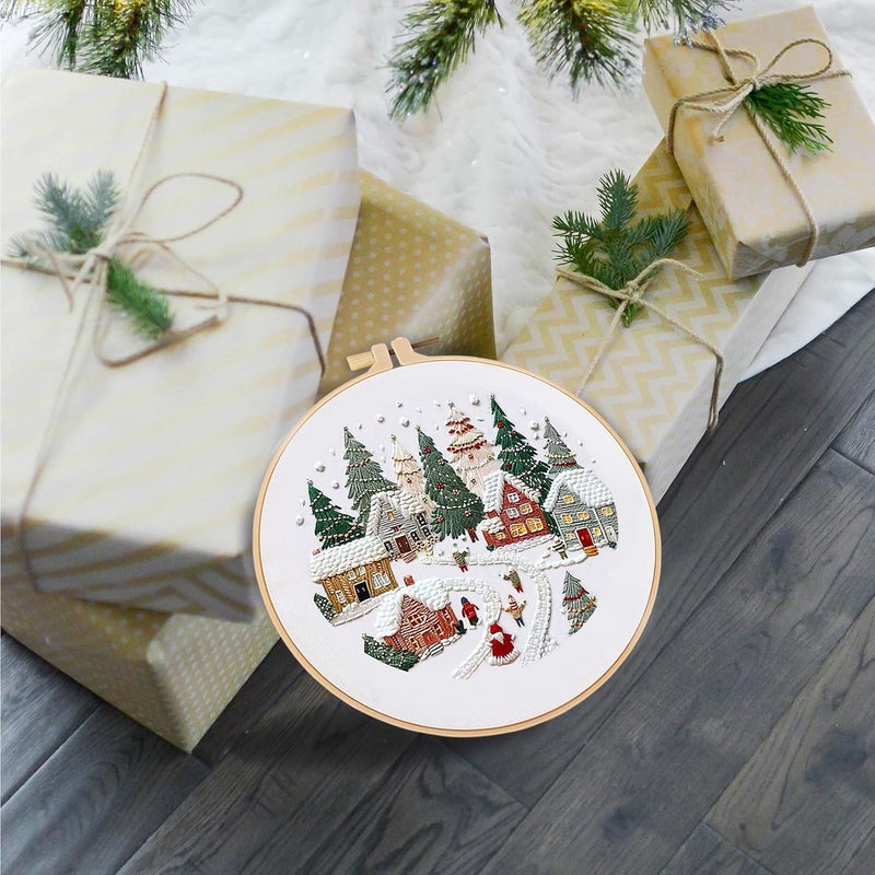 FONNUY Crewel Christmas Embroidery Kit for Beginners, Cross Stitch Set Winter Snow Scene Pine Owl Pattern for Adults, Easy to Follow Color Thread Needlework, 8'' Hoop (Snow Village) - Image 5